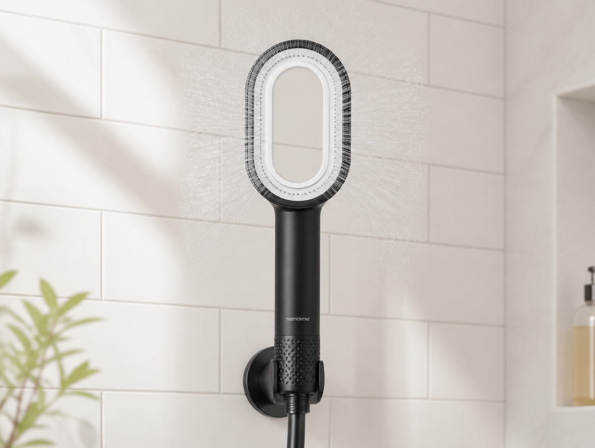 HYDRÉ showerhead installed and running, water spraying only from the outer rim, hollow oval center visible