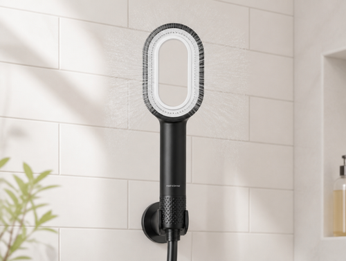 HYDRÉ showerhead installed and running, water spraying only from the outer rim, hollow oval center visible